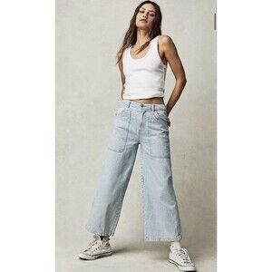 Free People We The Free Piper Mid-Rise Crop Wide-Leg pinstripe Jeans 27